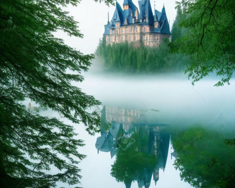 Majestic castle with spires in mist, reflected in tranquil lake