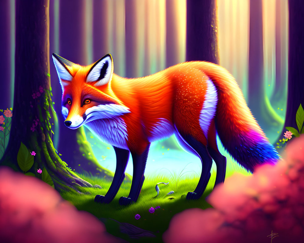 Red fox in mystical forest with sunbeams: a vibrant illustration