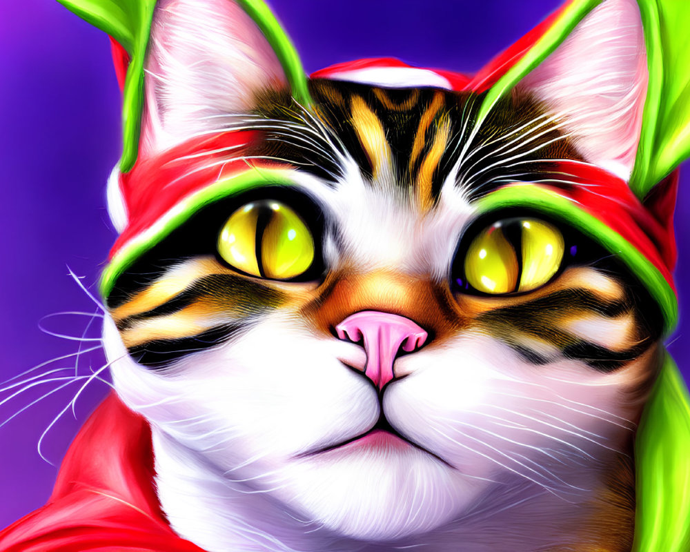 Colorful digital artwork featuring cat with yellow eyes and headscarf on purple background
