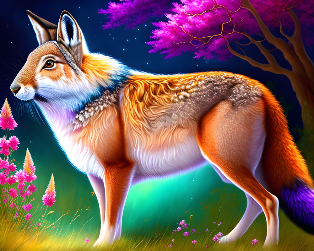 Colorful Artwork: Fox-Body Creature in Glowing Forest
