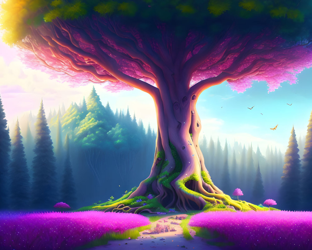 Vibrant fantasy illustration of massive tree in colorful forest landscape