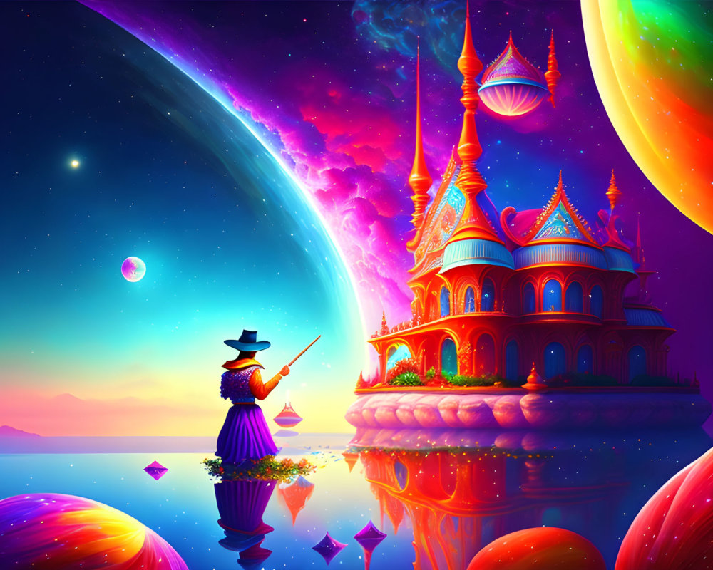 Whimsical castle on celestial body with person pointing at colorful cosmic sky