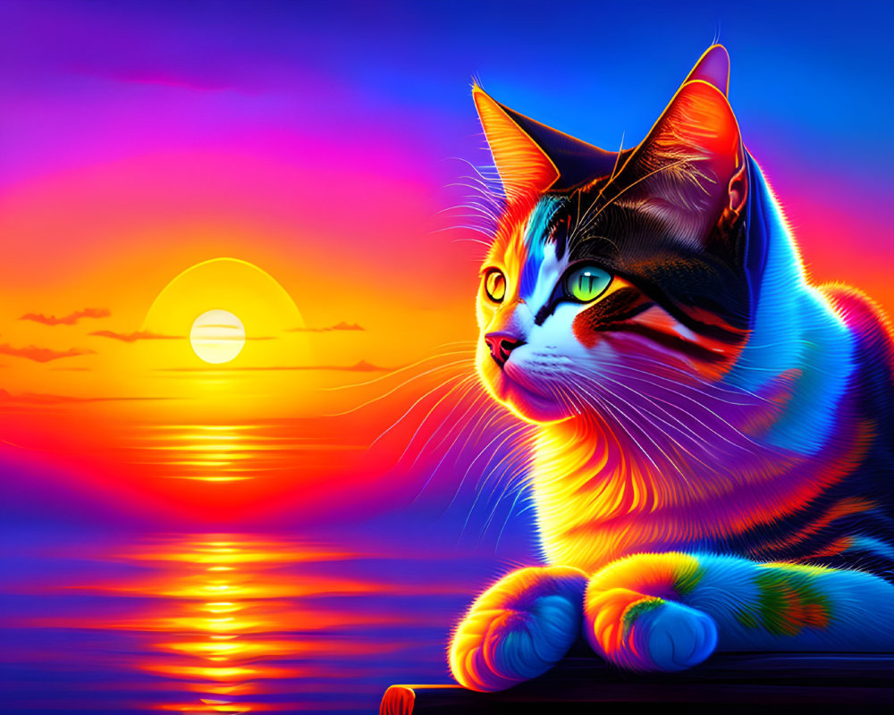 Colorful Stylized Cat Artwork Against Sunset Reflections