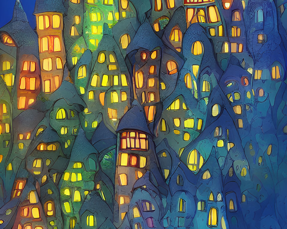 Vibrant town illustration with unique houses and glowing windows