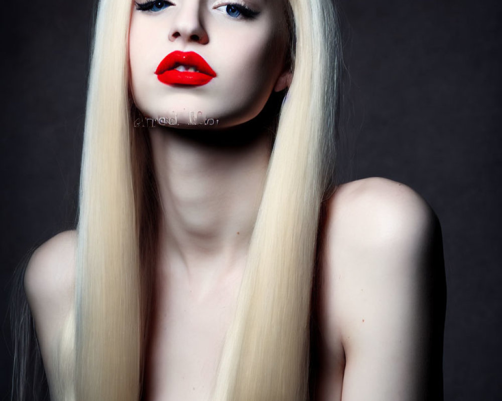 Platinum Blonde Woman with Striking Red Lipstick on Dark Background