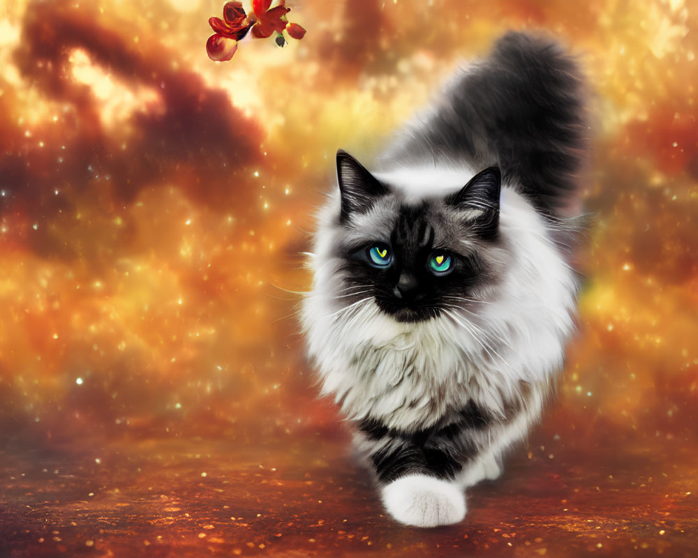 Fluffy black and white cat with blue eyes on fiery orange background
