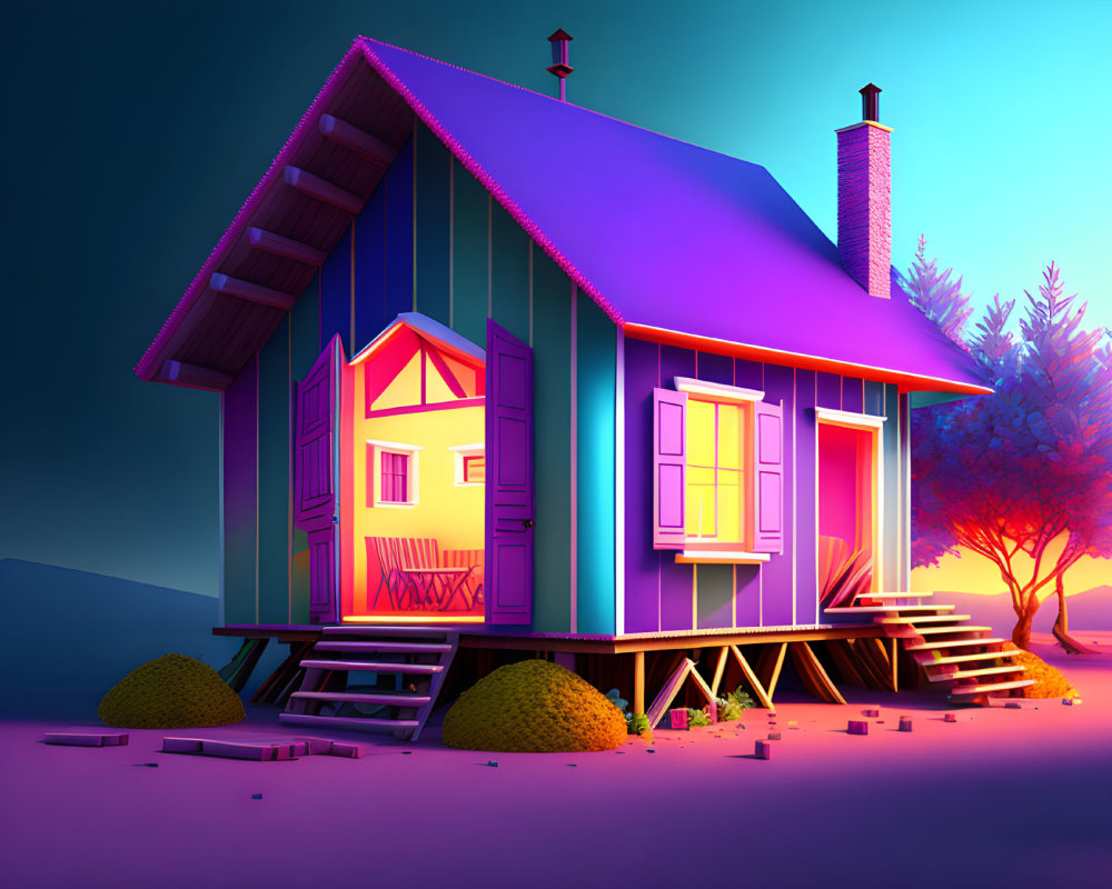 Colorful illustration of cozy house under twilight sky