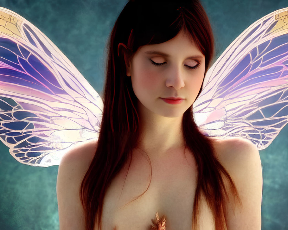 Woman with Pink Wings on Blue Background: Serene and Fairy-like Portrait