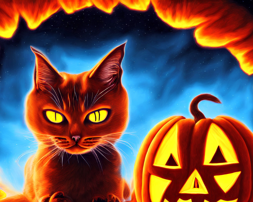 Orange-eyed cat with carved pumpkin on fiery background - Halloween illustration
