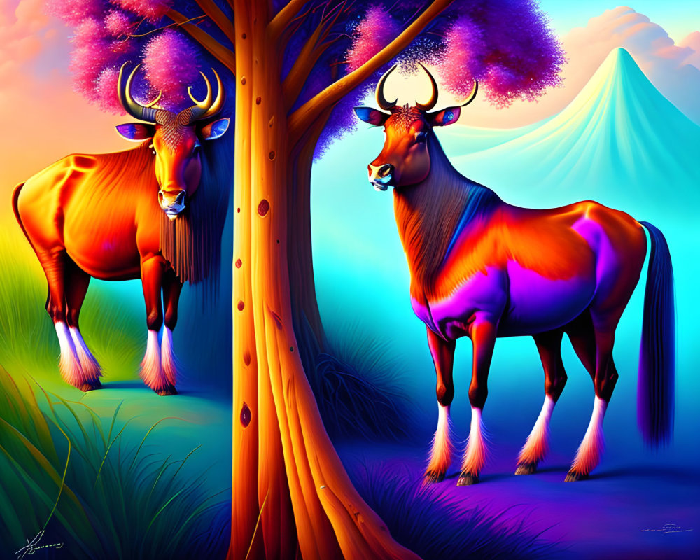 Majestic orange antelopes with glowing horns in vibrant landscape