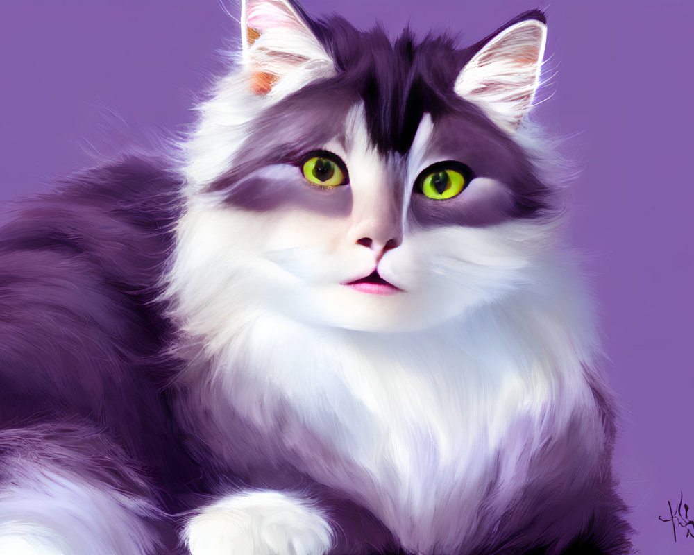Fluffy Long-Haired Cat with Green Eyes on Purple Background