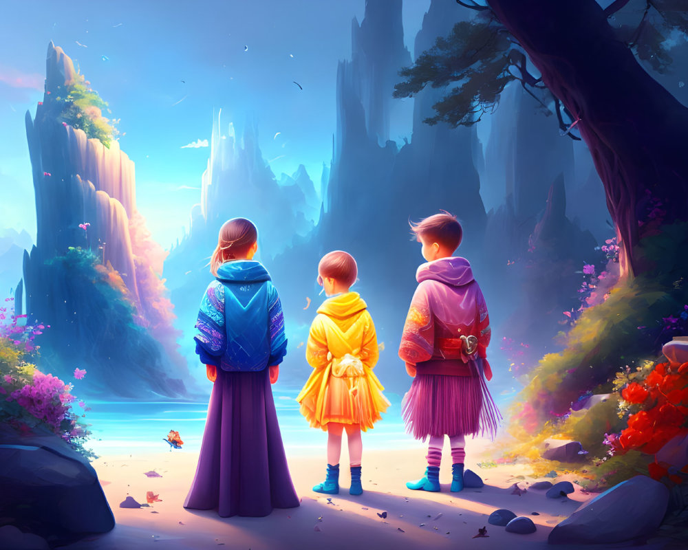 Children admiring vibrant fantasy landscape with cliffs, waterfall, and lush flora