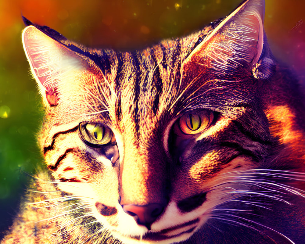 Close-Up Digital Art: Vivid Multicolored Lighting Enhances Cat's Striped Fur & Green