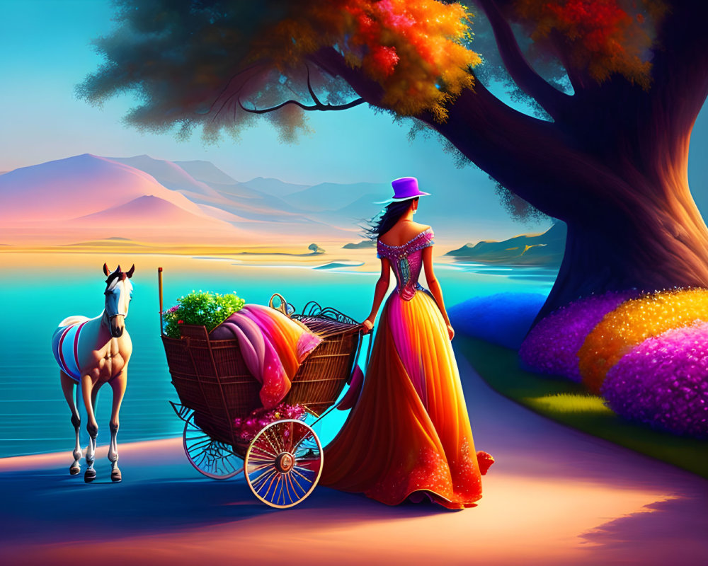 Woman in flowing gown with horse and cart by tranquil lake at sunset