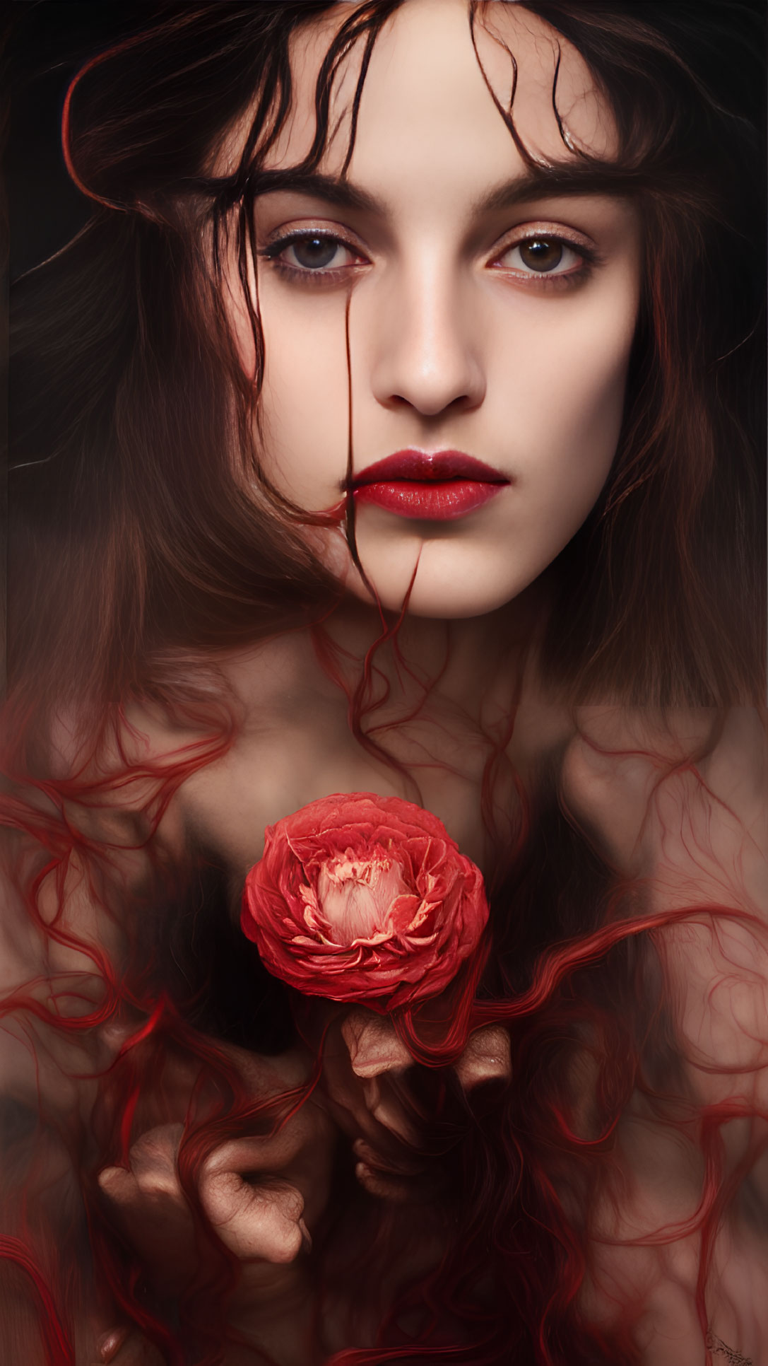 Woman with flowing hair holding red rose exudes dramatic, romantic vibe