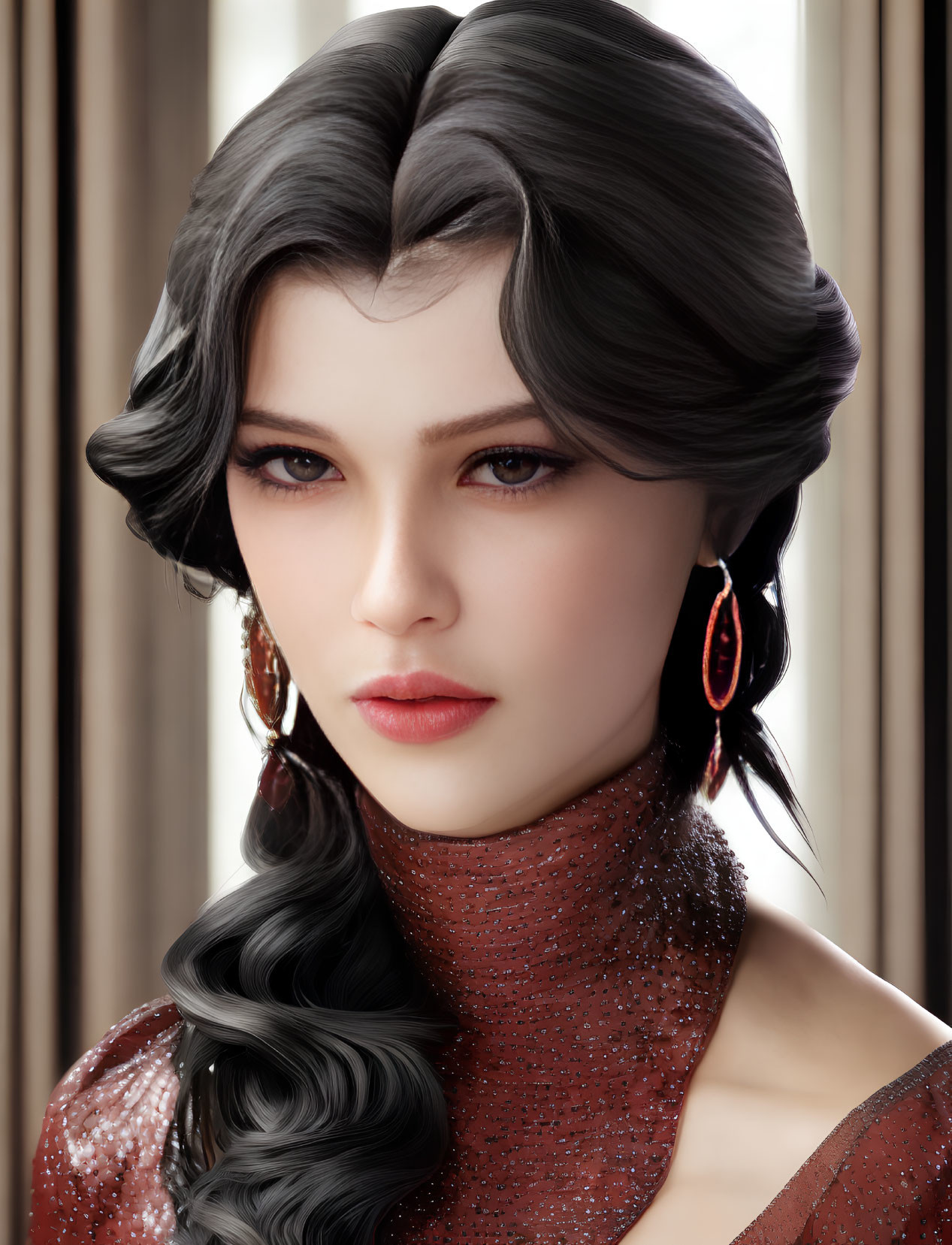 Detailed Photorealistic Rendering of Woman with Black Wavy Hair and Red Garment