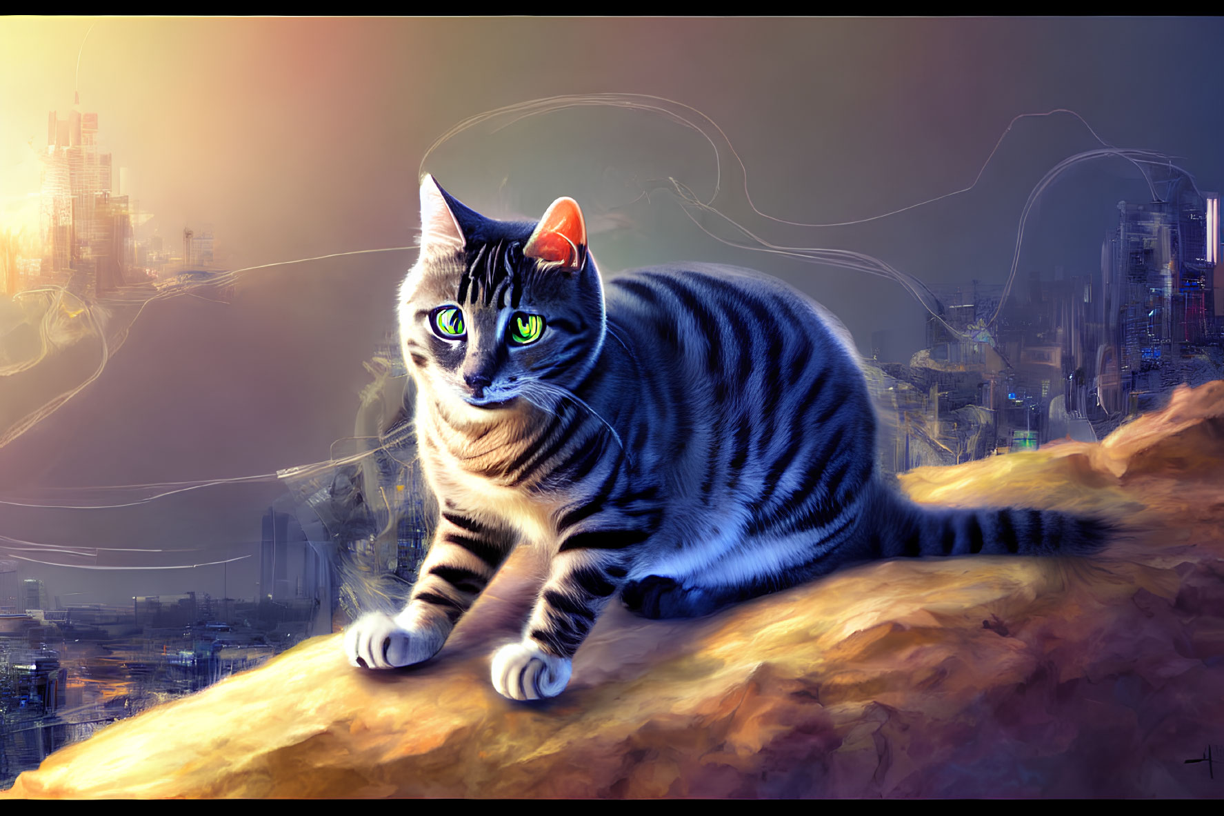 Striped cat with green eyes on rocky outcrop in futuristic cityscape glow