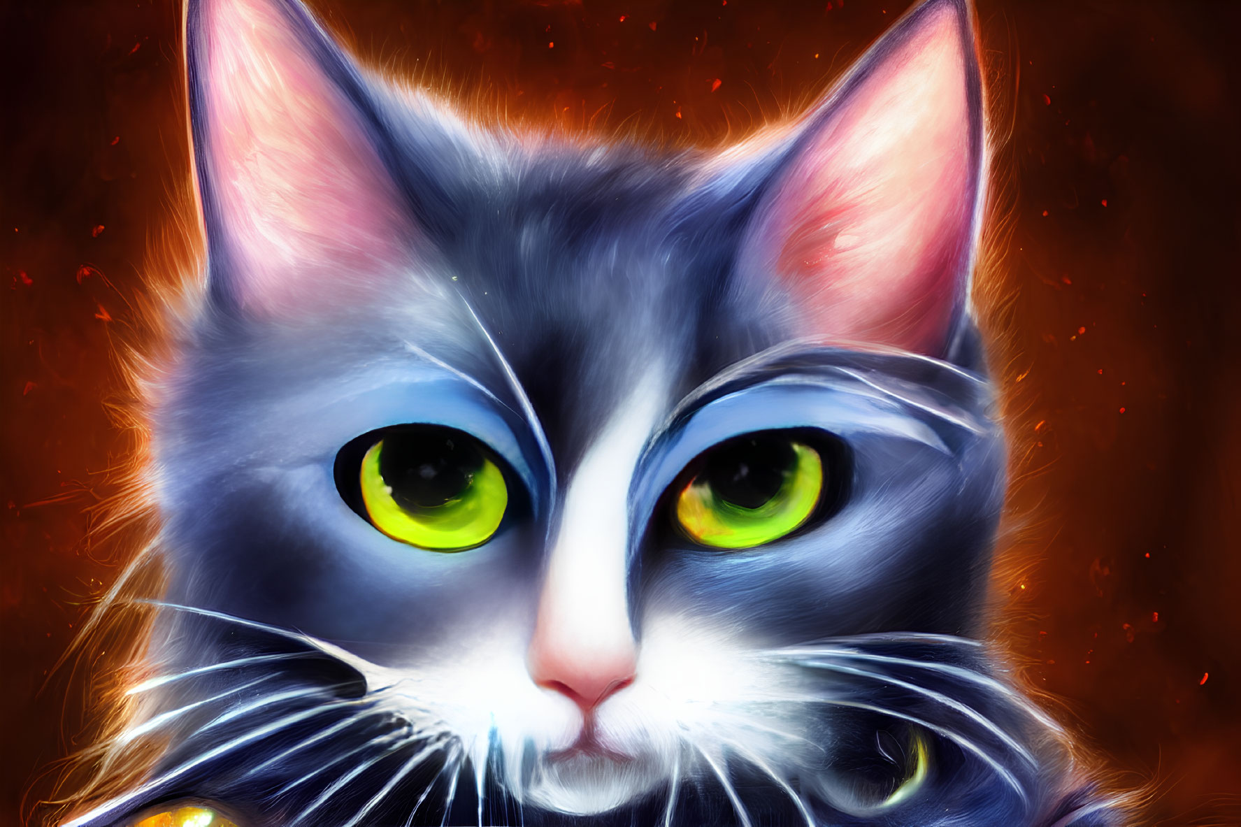 Detailed digital painting of a cat with green eyes and grey fur on warm red and orange backdrop