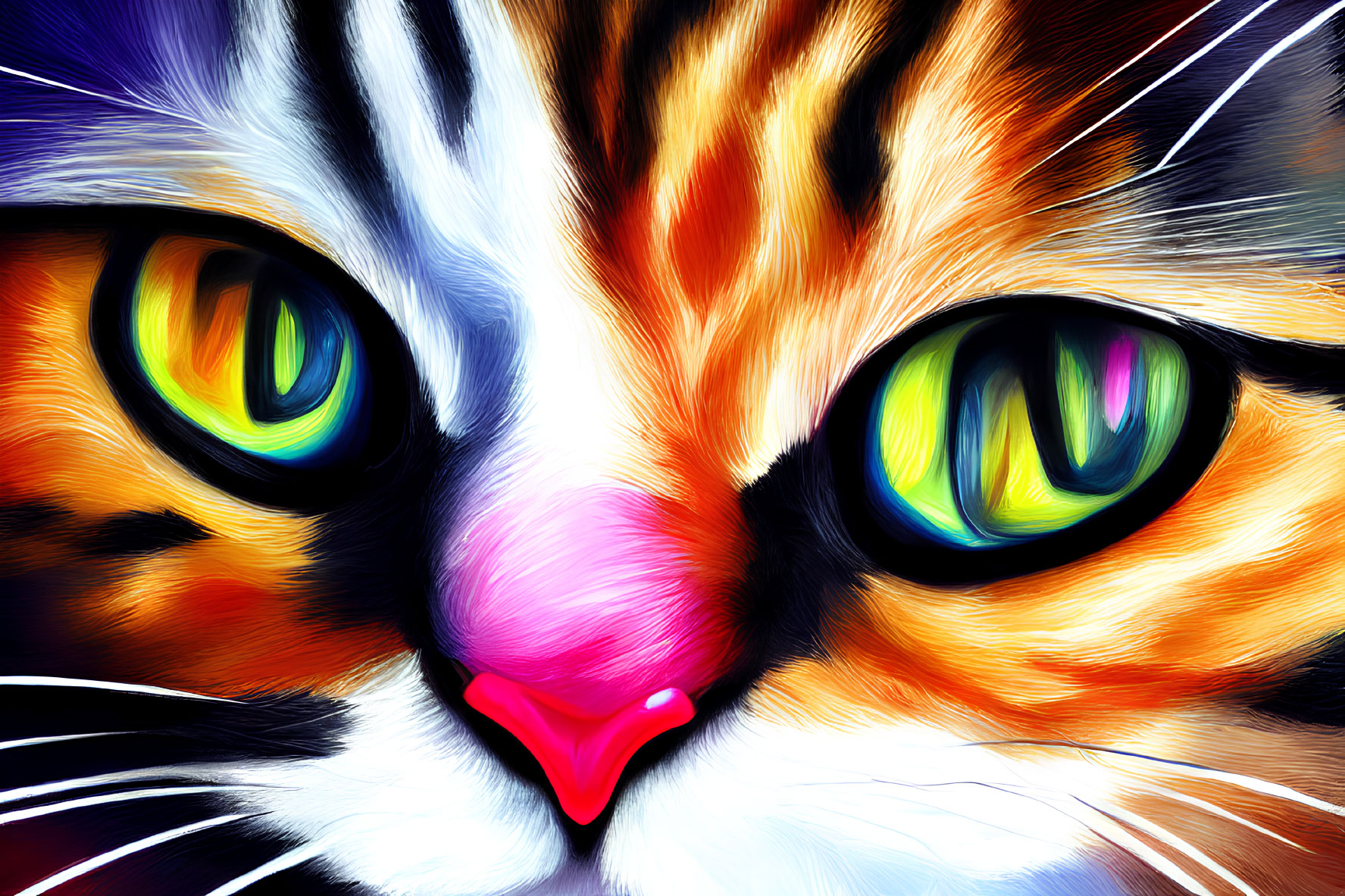 Vibrant close-up digital cat face artwork with green eyes, orange fur, and white whiskers