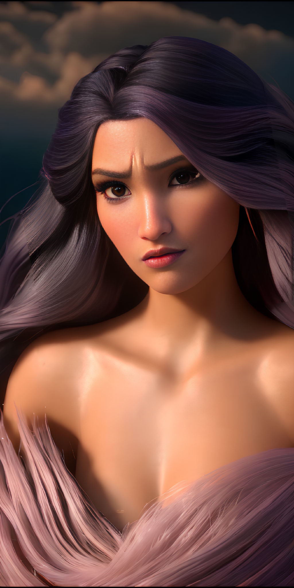 Animated Female Character with Long Purple Hair in Twilight Sky