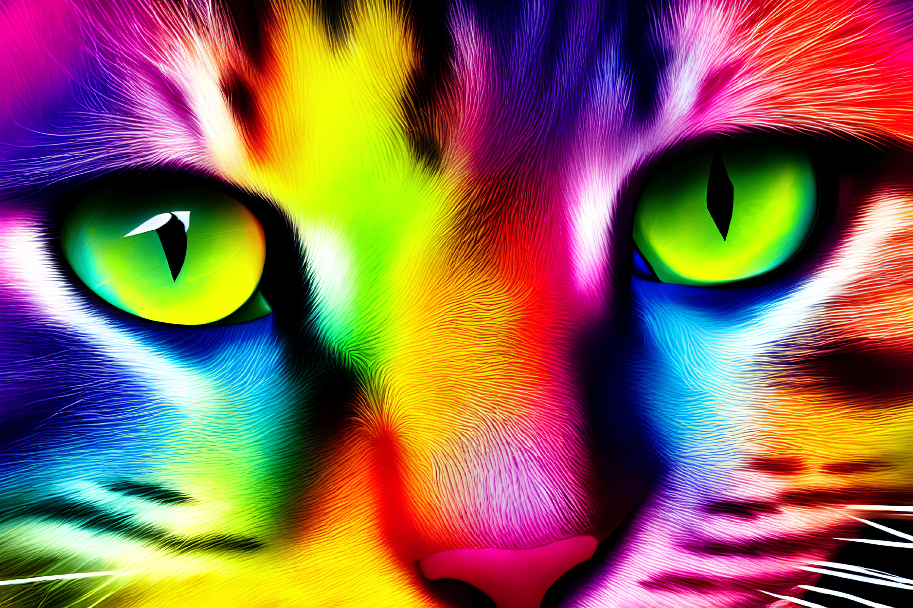 Colorful Digital Art: Cat's Face in Neon Hues & Green-Eyed Gaze