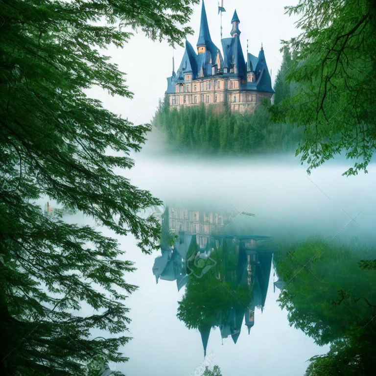 Majestic castle with spires in mist, reflected in tranquil lake