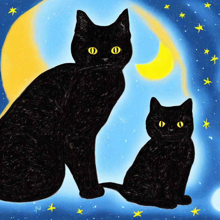 Two black cats with glowing yellow eyes against starry night sky with crescent moon
