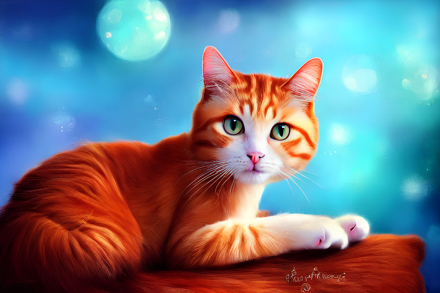 Orange Tabby Cat with Green Eyes on Vivid Blue Background with Bokeh and Glowing Orb