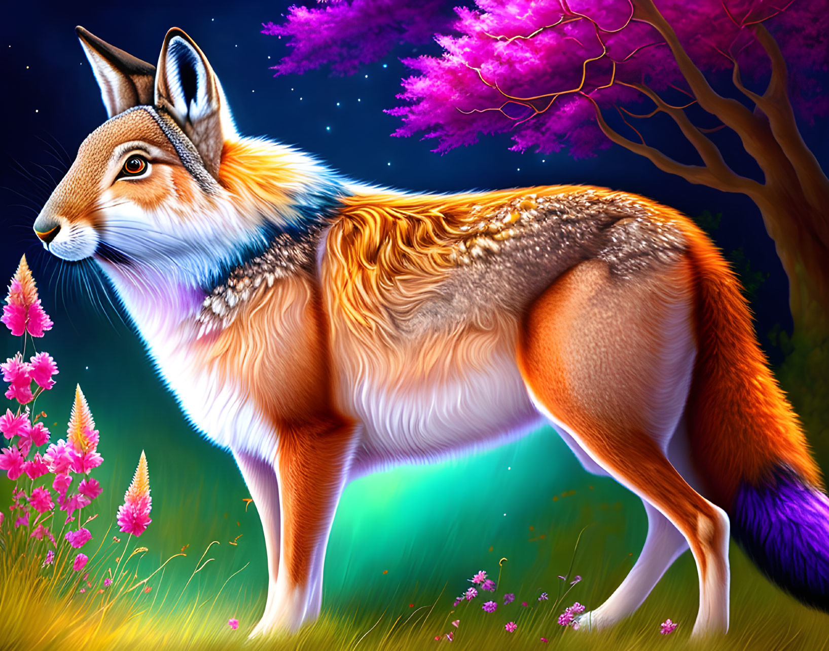 Colorful Artwork: Fox-Body Creature in Glowing Forest