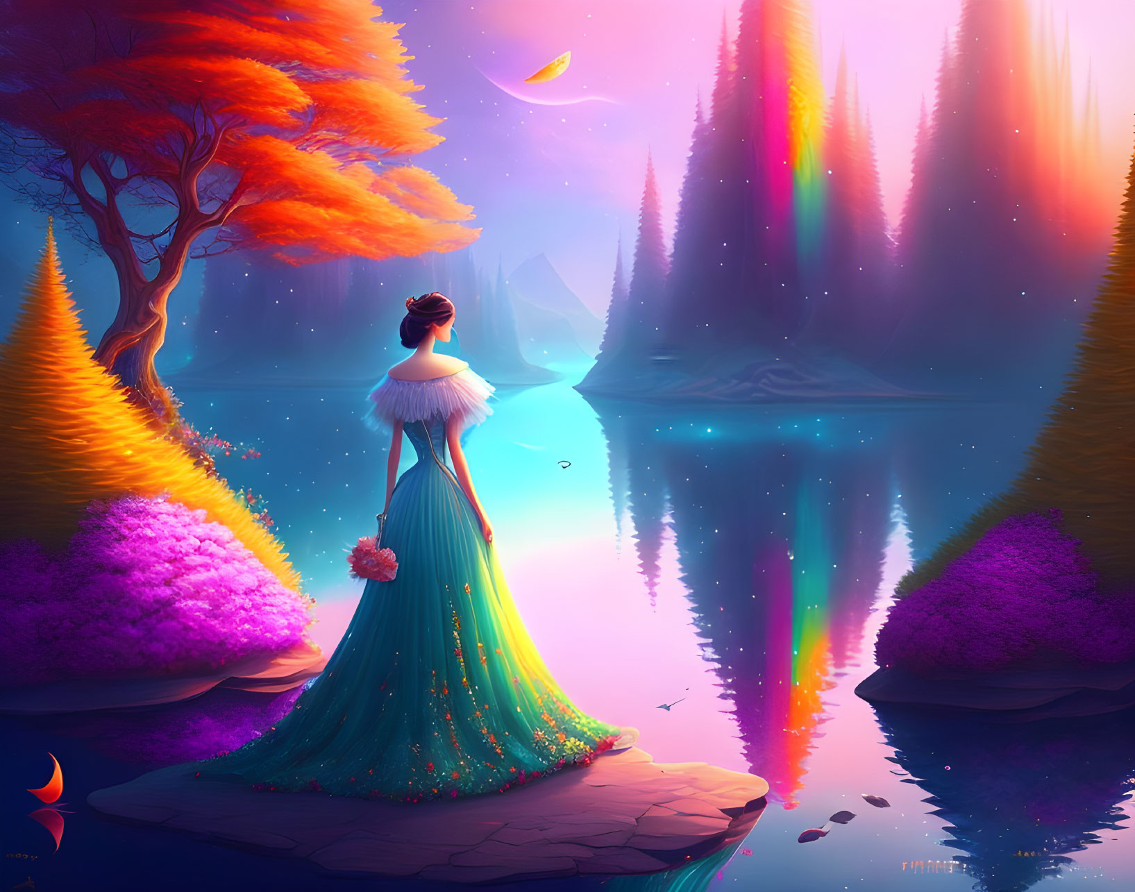 Woman in elegant gown gazes at colorful, fantastical lakeshore landscape