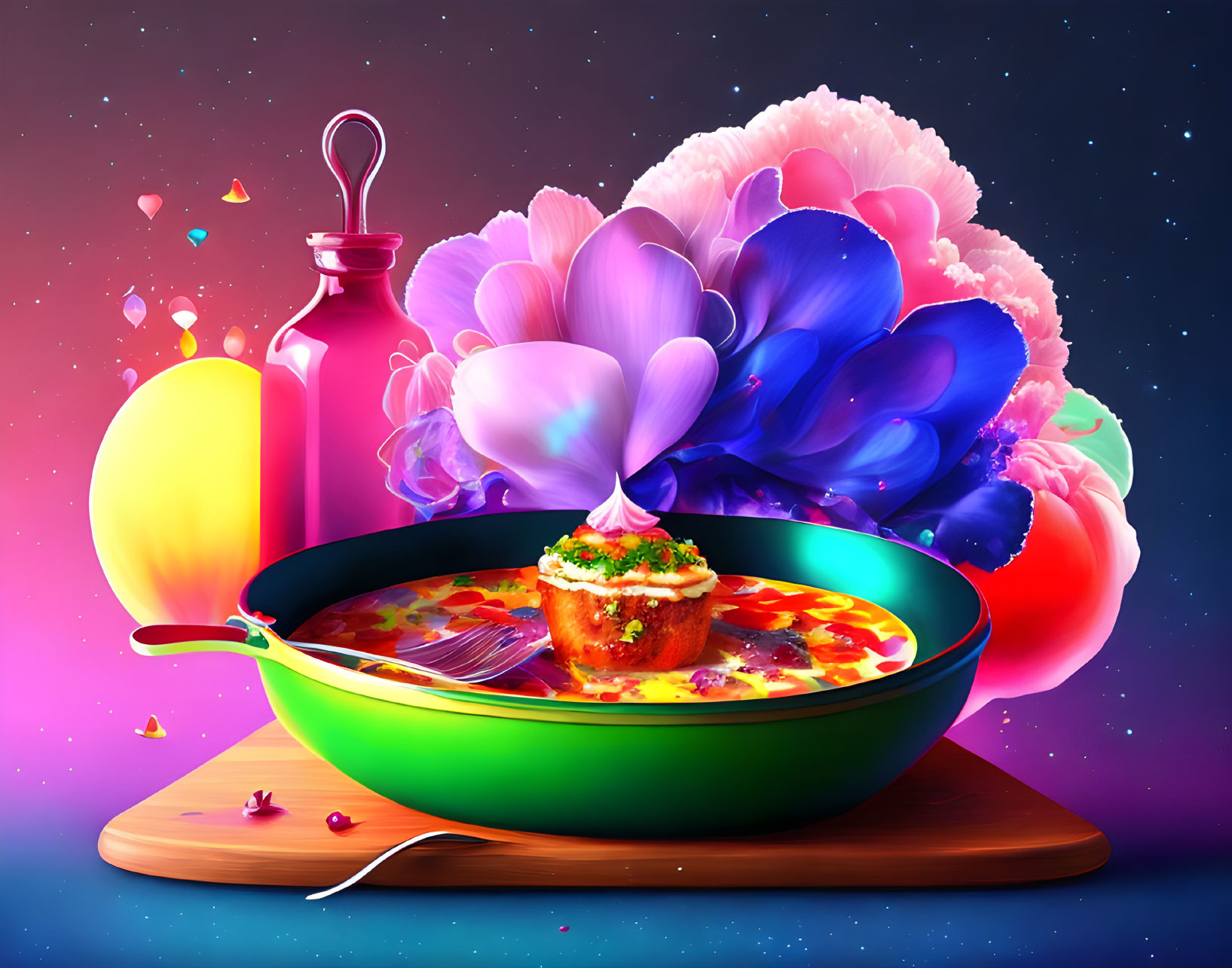 Colorful digital artwork of soup and toast with flowers, fruits, and stars