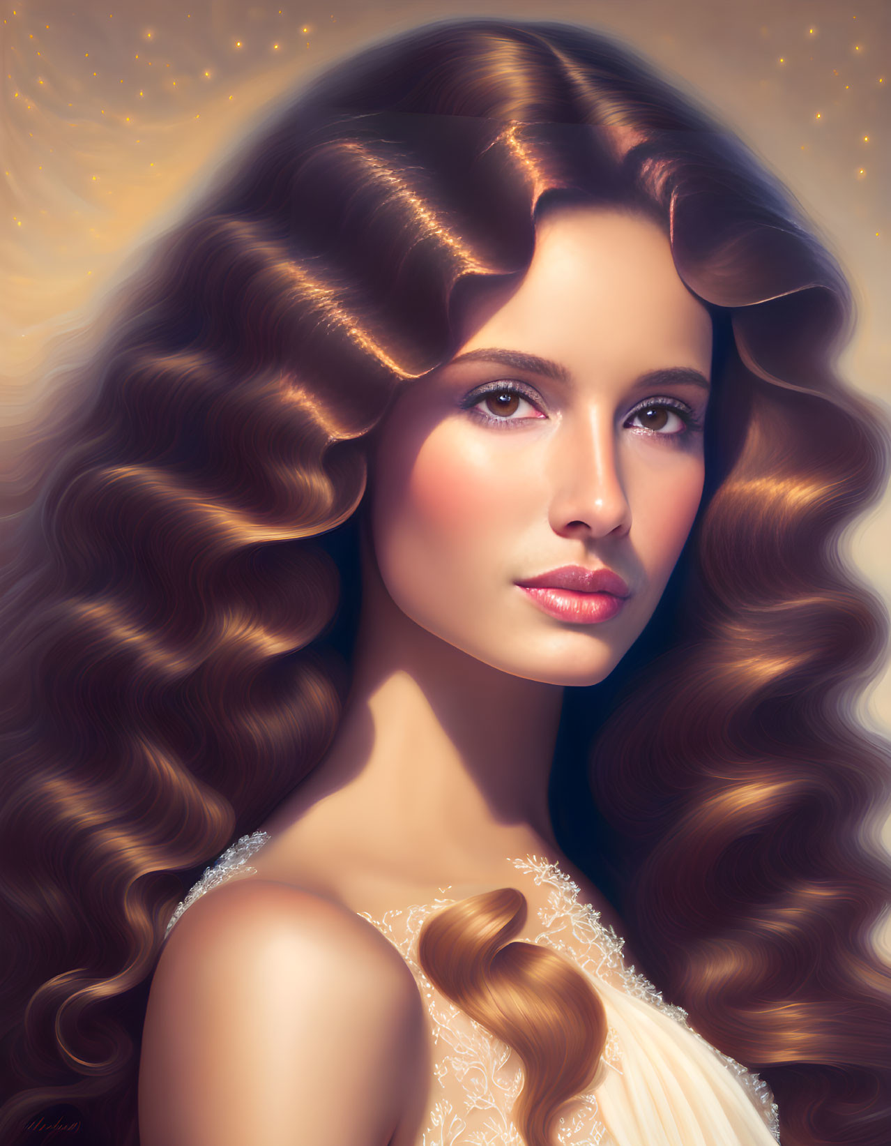 Portrait of Woman with Voluminous Wavy Brown Hair and Serene Expression