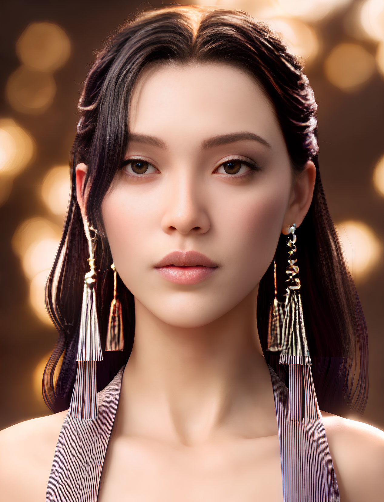 Portrait of Woman with Shoulder-Length Hair and Tassel Earrings on Golden Bokeh Background