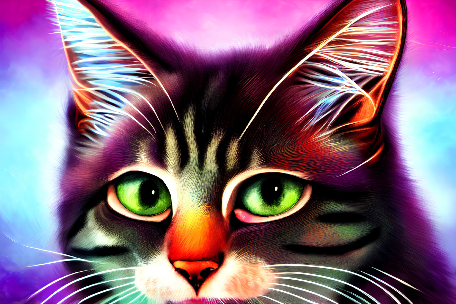 Colorful Digital Art: Tabby Cat Portrait with Green Eyes