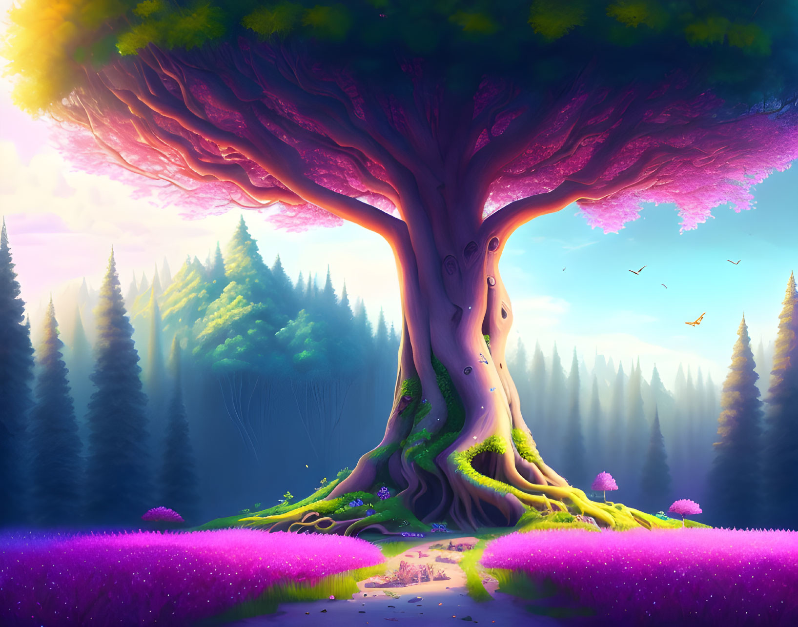 Vibrant fantasy illustration of massive tree in colorful forest landscape