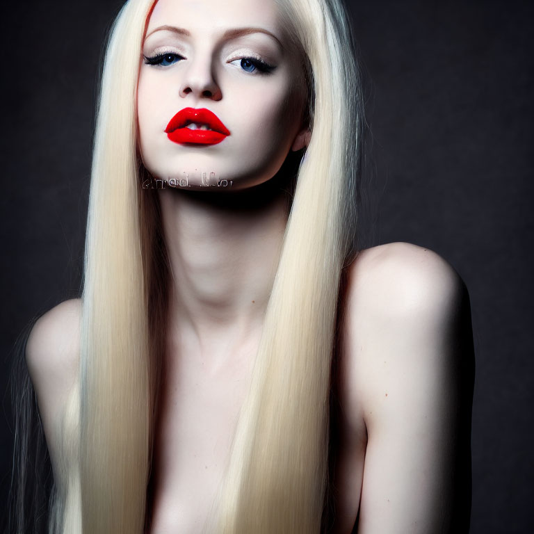 Platinum Blonde Woman with Striking Red Lipstick on Dark Background