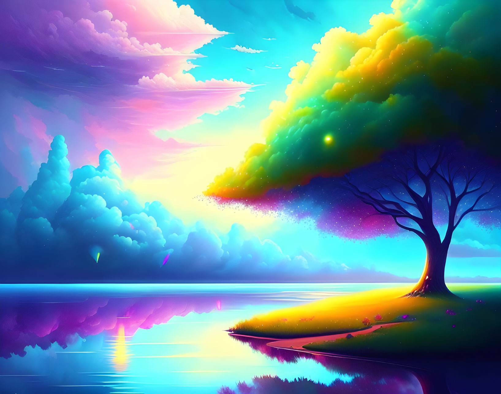 Colorful digital artwork of serene landscape with lone tree, reflective water, and surreal sky