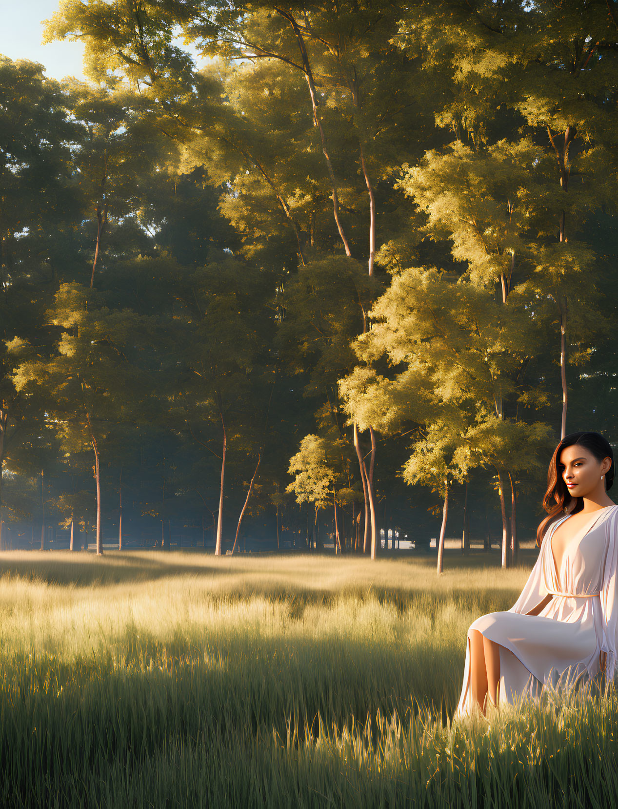 Woman sitting in sunlit field surrounded by tall trees