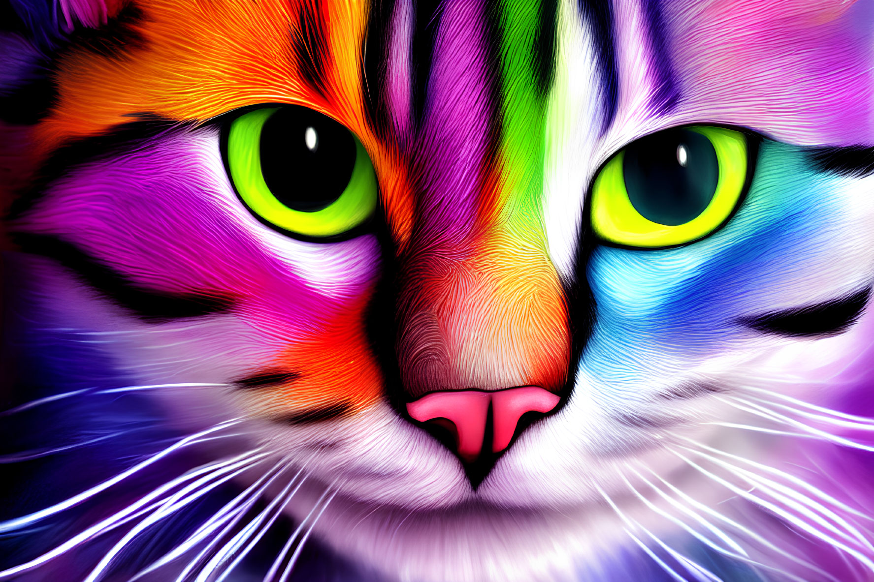 Colorful Digital Painting of Cat with Green Eyes & Multicolored Fur
