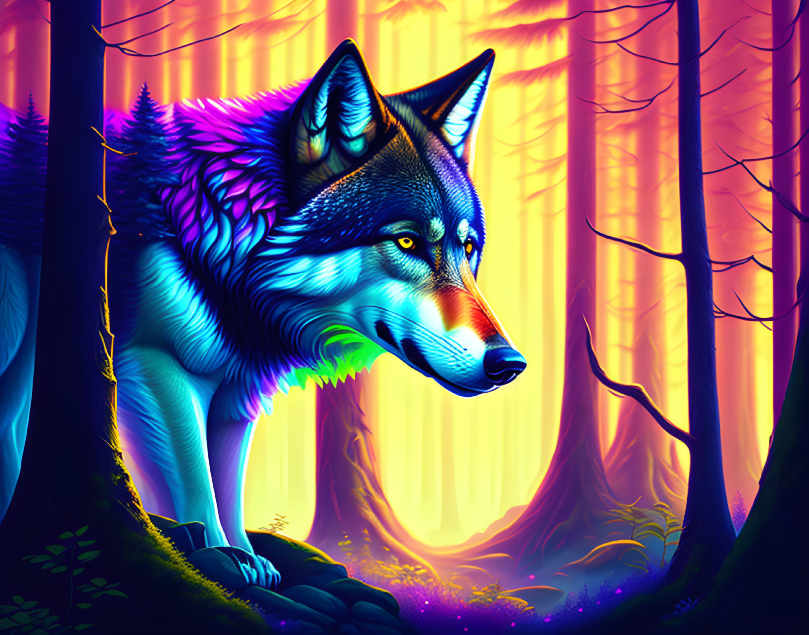Blue Wolf in Neon Forest: Vibrant Digital Art