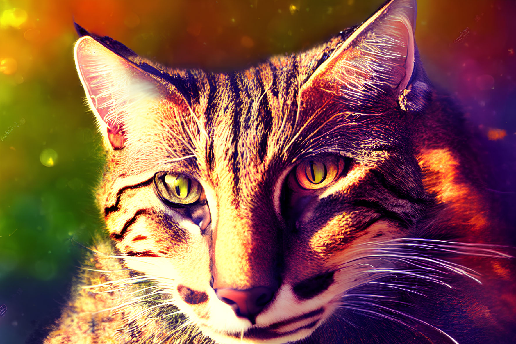 Close-Up Digital Art: Vivid Multicolored Lighting Enhances Cat's Striped Fur & Green