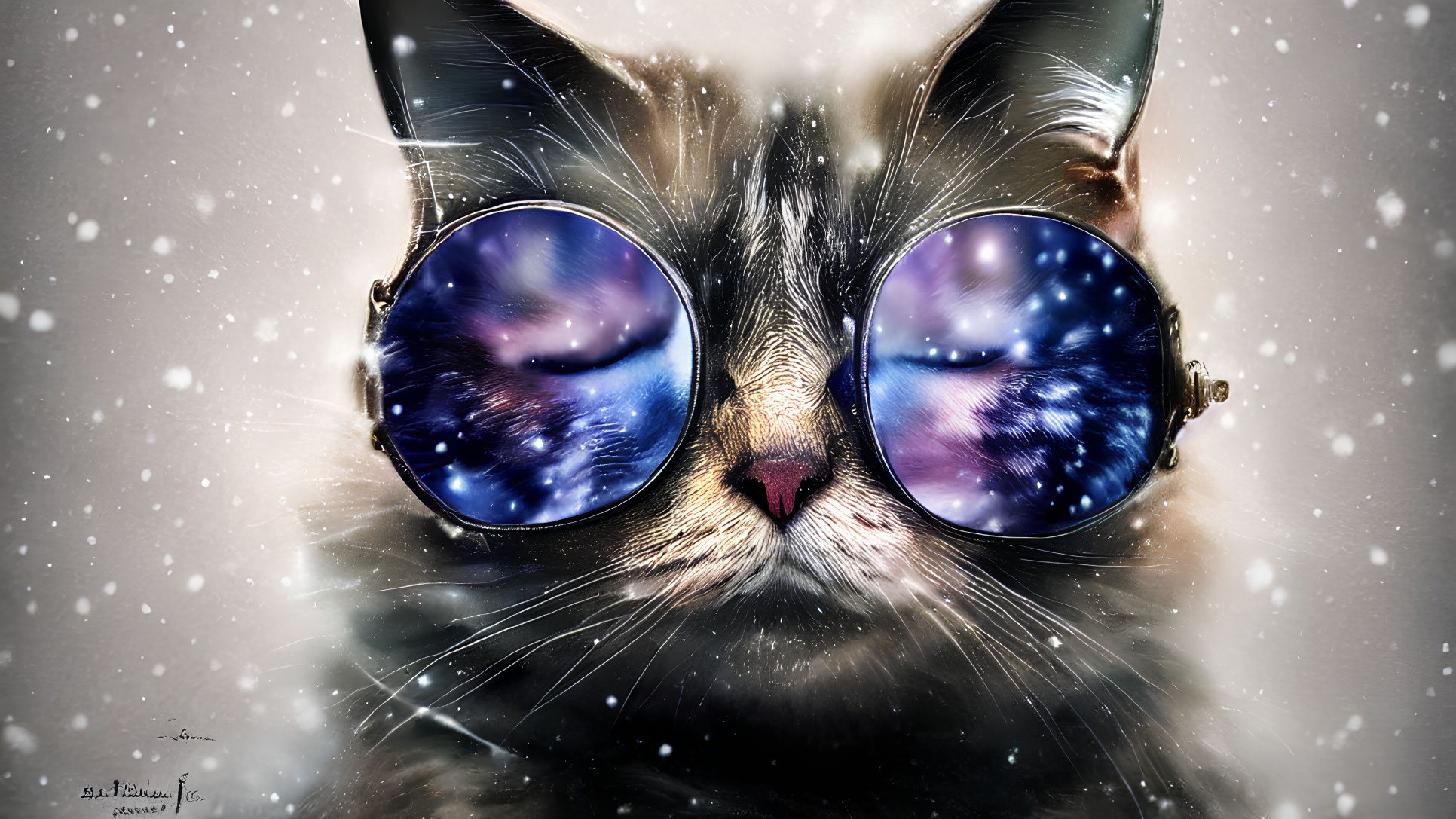 Artistic cat in sunglasses with cosmic pattern, snowflakes on dark background