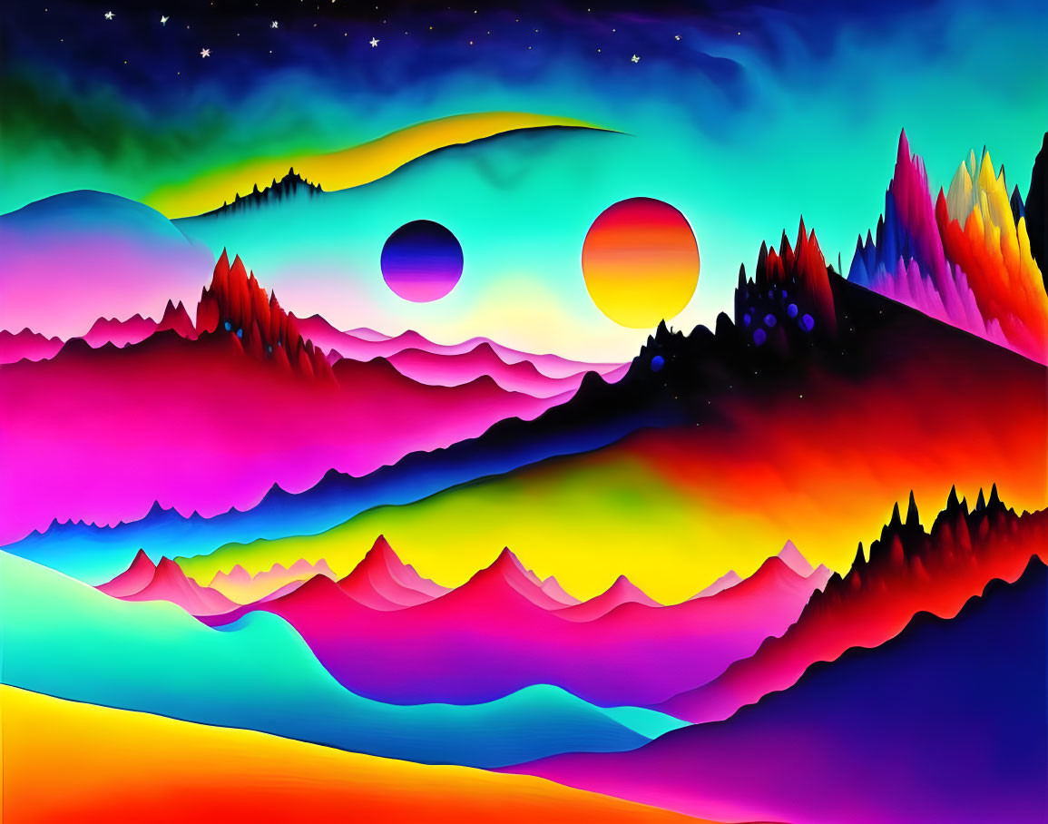 Colorful digital artwork: layered mountains, two moons, and stars in surreal landscape