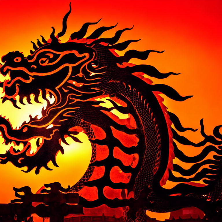 Dragon sculpture silhouette against fiery sunset with intricate scales and fierce features above traditional rooftops