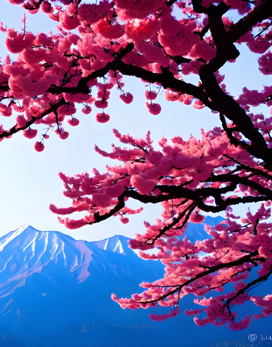 Pink cherry blossoms against blue sky and snowy mountains.