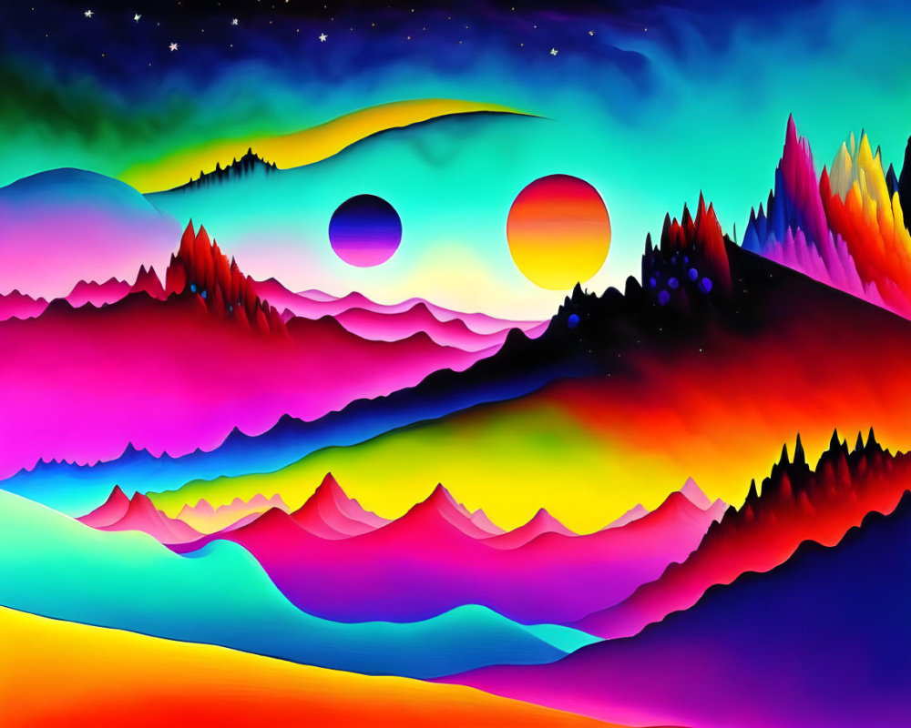Colorful digital artwork: layered mountains, two moons, and stars in surreal landscape