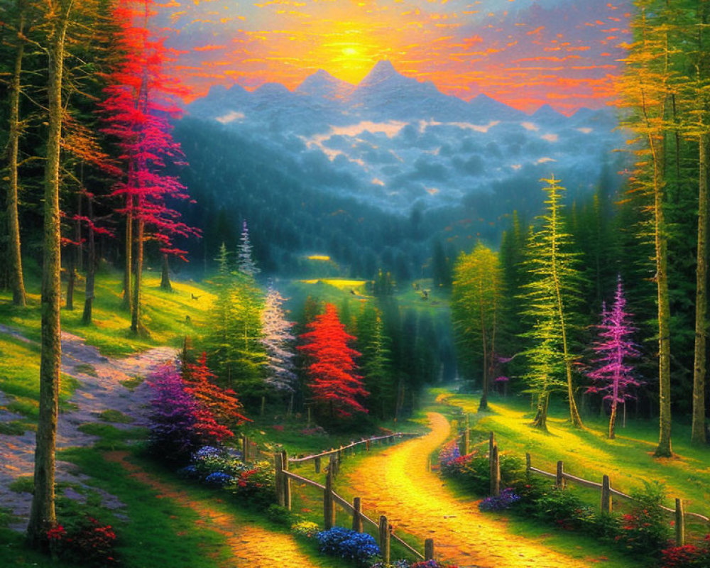 Colorful landscape with winding forest path to mountains at sunrise or sunset