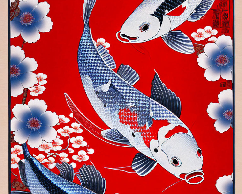 Illustrated koi fish on vibrant red background with blue flowers and Asian-style seal
