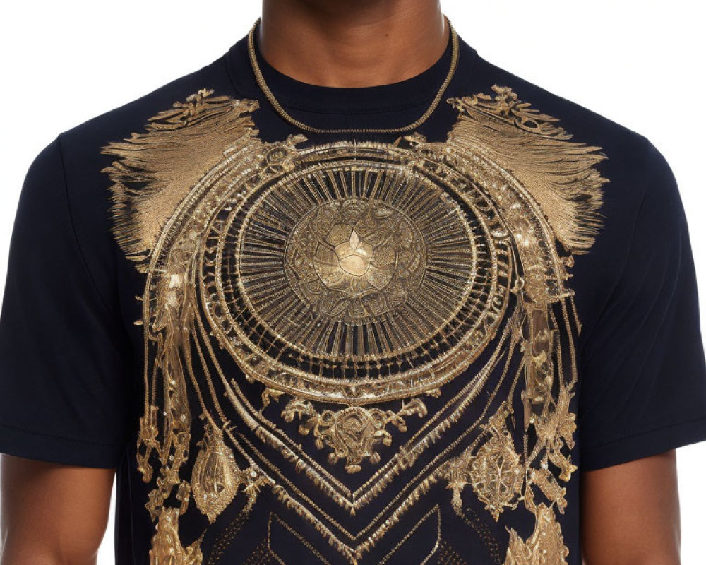 Black T-Shirt with Gold Ornamental Design on Chest