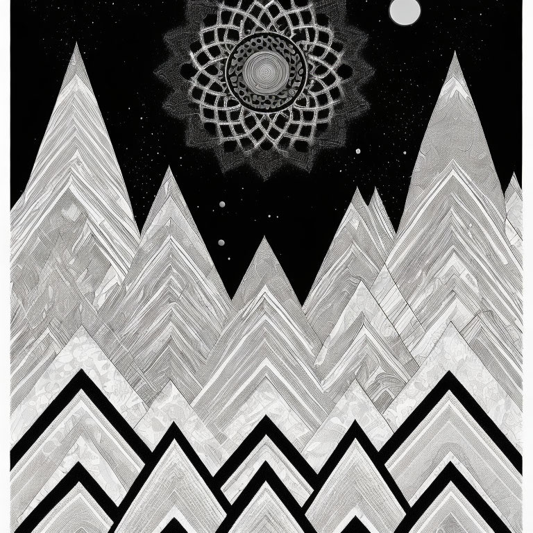 Monochrome graphic of geometric mountains under starry sky with mandala-like pattern.